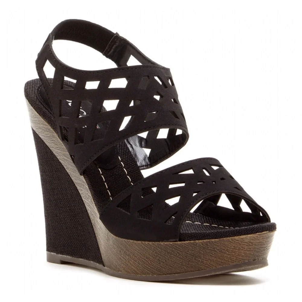 Bucco Serenas Wedge Sandal Black 9 Laser Cut Straw Heel Platform